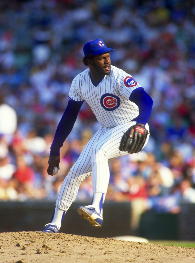 CHICAGO - 1987: Lee Smith of the Chicago Cubs pitches during an MLB game at Wrigley Field in Chicago, Illinois. Smith pitched for the Cubs from 1980-1987.